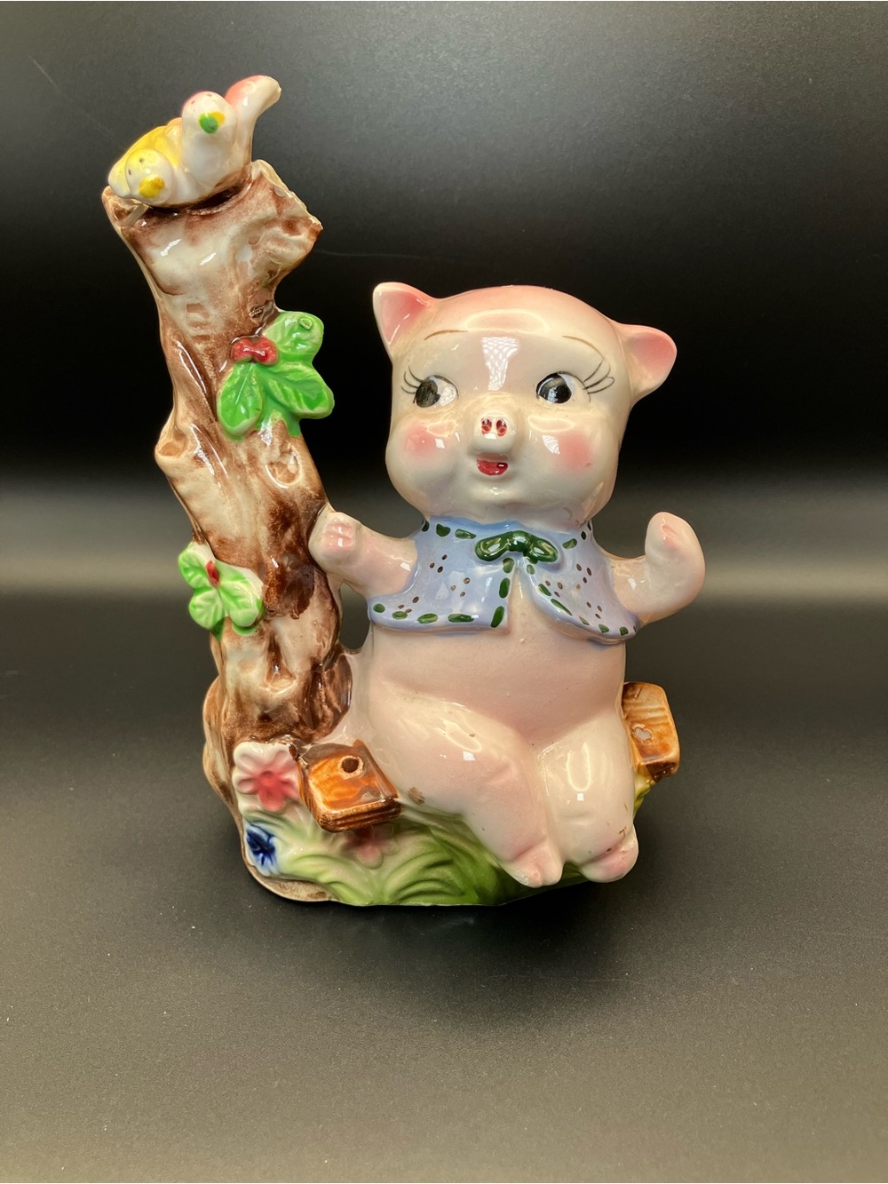 Vintage Japan Pink Ceramic Pig Figurine with Tree and Bird